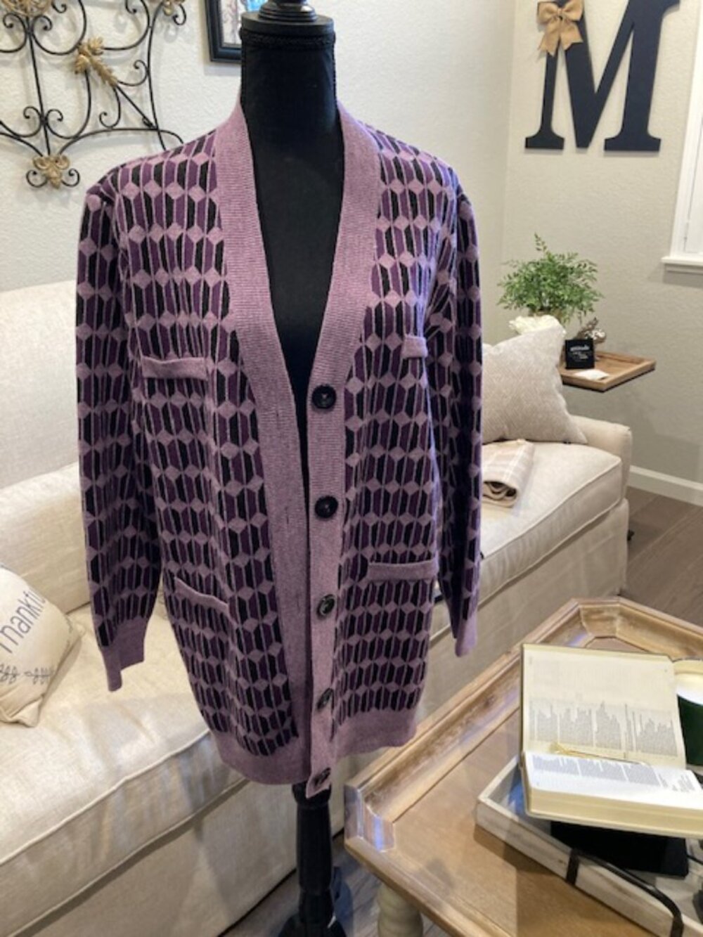 Mango Long Cardigan in Purple & Navy